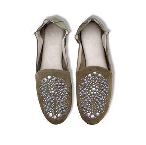 BIRD OF FLIGHT Size 7B Olive Suede Studded Flat Shoes PULL ON